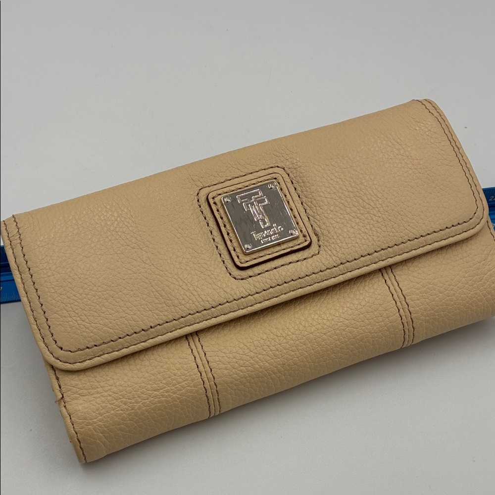 Tignanello Beige Pebbled Leather Trifold Wallet with Paisley Lining